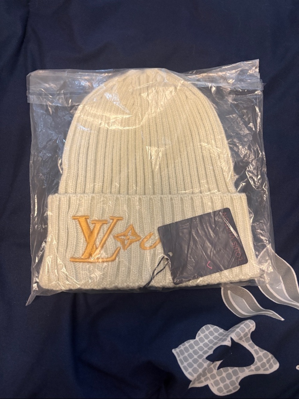 Louis Vuitton Cream Knit Cuffed Beanie with Gold LV Embroidery